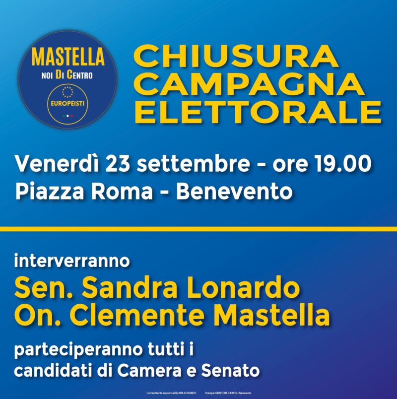 Noi di Centro: venerdì 23 settembre chiusura  campagna elettorale in piazza Roma a Benevento