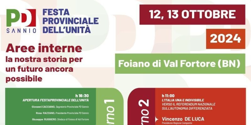 PD Sannio, domani al via la Festa Provinciale dell’Unità a Foiano di Valfortore