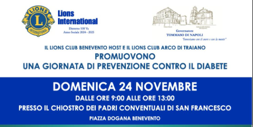 I Lions contro il Diabete: domenica l’evento promosso dal Lions Club Benevento Host e dal Lions Club Benevento Arco Traiano