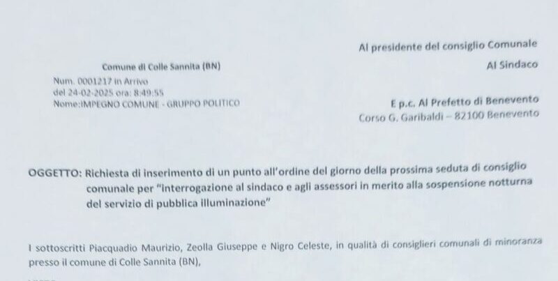 Colle Sannita, ‘Impegno Comune’ interroga il sindaco sullo spegnimento notturno della pubblica illuminazione